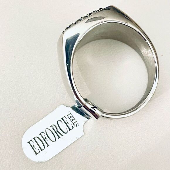 NWT Gorgeous Silver Men Ring Sz 11 EDFORCE Stainless Steel with Silver Cristals - Picture 3 of 12